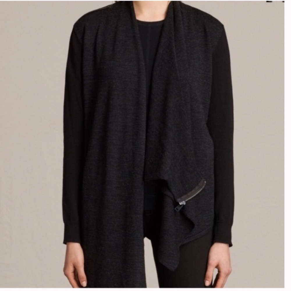 All Saints Drina Wool Charcoal Open Front Cardigan